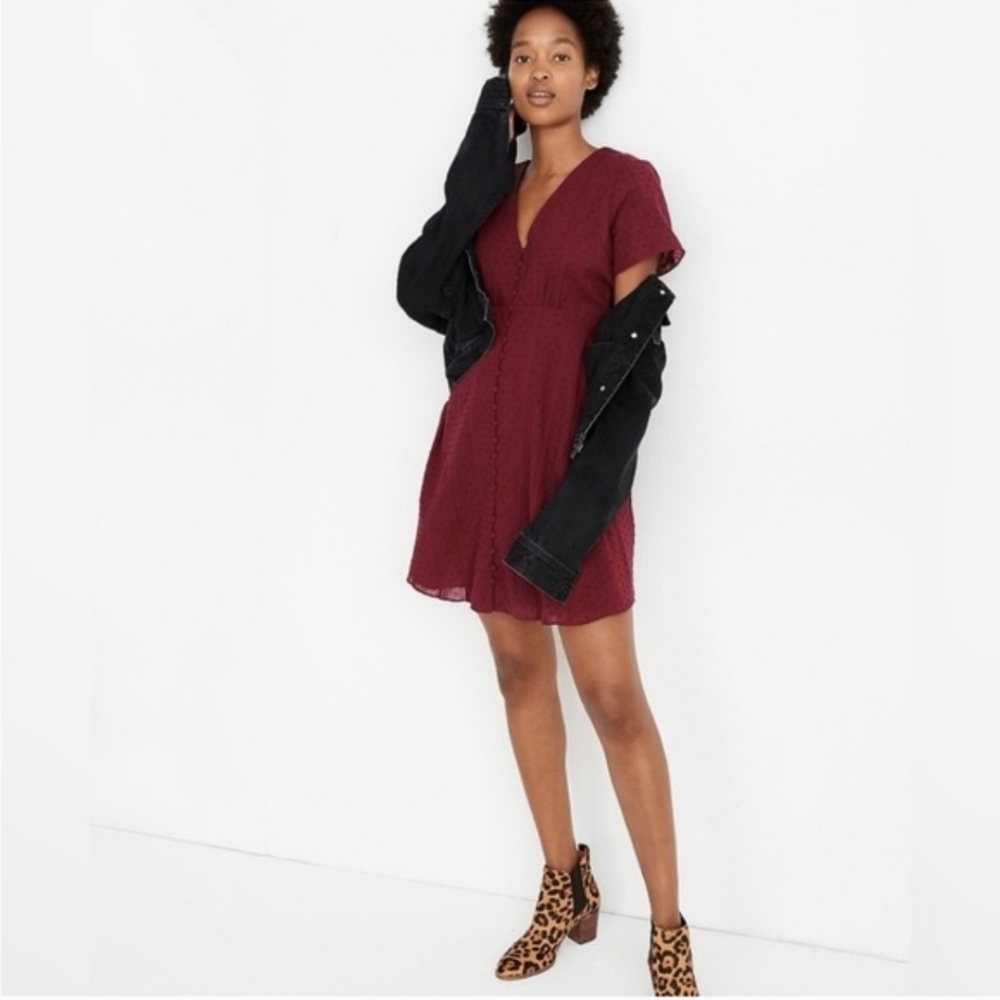 Madewell Button-Front Swing Swiss Dot Dress In Dusty Burgundy Sz 6 MSRP$128 NWOT